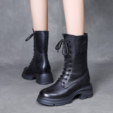 Layer Of Cowhide English Wind In The Wind Boots Women Autumn And Winter New Round Head With Thick Base Martin Boots Plus Cotton