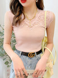 Women Camisole Lace Blouse Sweet Hollow Casual Slim Sleeveless T-shirt V Neck Knitted Cotton Bottoming Shirt Korean Top