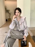 Price Does Not Return] Xiu Xixi 2025 Autumn Lotus Leaf V-Neck Chiffon Shirt Long-Sleeved Shirt Women