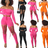 Women Set Off Shoulder Long Sleeve Slash Neck Crop Tops Skinny Pants Two 2 Piece Sets Fashion Sexy Outfits Summer