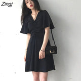 Women Flare Sleeve Zipper Solid Student Simple Loose Casual Summer Korean Style Retro Soft Cute All-match Elegant