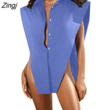 Female Shirt Fashion Sexy Solid Color Turn-Down Collar Sleeveless Tops 2023 Streetwear