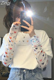 Women Long Sleeve T-shirts Spring Patch Designs Printed Sweat Fresh Korean Fashion Leisure Preppy Style Loose Teens BF Ins