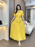 French-Style Suit Women's Fashion Collar Short-Sleeved Waist Top + High-Waisted 100-Folded Skirt Two-Set