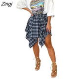 Women Plaid Print Irregular High Waist Knee Length Skirts 2023 Summer Holiday Streetwear Lace Up Waist
