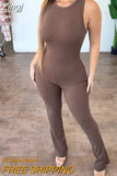 Summer Women Ribbed Tank Jumpsuit Casual Solid Color Sleeveless O Neck Back Zipper Bodycon Long Pants Streetwear
