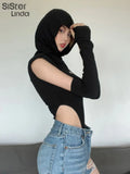 Women Black Bodysuits Fashion Streetwear Appliques Hooded Tops With Cuff 2023 New Spring