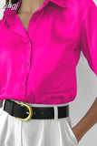 Women's Shirt Polo Collar Office Lady blouse Vintage Blue Green Silk Shirt Loose Button Up Down Shirts Black Fashion