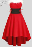 Christmas Party Dress Women Off Shoulder Faux Fur Lace Up Asymmetrical Midi Long Dress Spaghetti Strap Xmas New Year