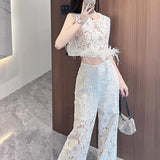 Sets Of 2025 Autumn Hollow Embroidered Flower Ostrich Wool Coat High Waist Broad Leg Trousers Set
