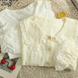 Lace Splicing Peter Pan Collar White Shirt Women Korean Pearl Button Blouses Elegant Office Work Long Sleeve Blusas