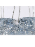 Women's Summer Chain Strap Crop Top Sexy Y2k Casual Chic Vintage Off Shoulder Hollow Out Sequins Blue Tank Top Vest Korean