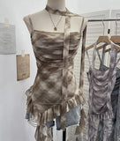 Shooting Round Neck Fluttering Dye Printing Irregular Lotus Leaf Side Mesh Slings Slings Sleeveless Top