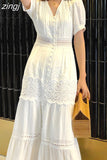 Dresses Women Cotton Patchwork V-Neck Short Sleeve Maxi Dress Female Single Breasted Hollow Out Beach Long Dress
