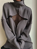 Y2K Women Spring Autumn Hollow Out Sweaters Knitwear Mesh Patchwork Long Sleeve High Neck Ribbed Knitted