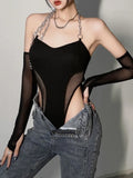 Streetwear Chain Halter Black Fishnet Skinny Sexy Bodysuit Summer Backless Female Body Club Party Catsuit With