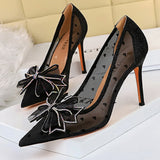 Shoes Bow-knot Women Pumps Mesh Hollow High Heels Rhinestone Stiletto Women Heels Sexy Party Shoes Women Sandals
