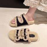 Zingj Slippers Female 2024 Autumn / Winter New Korean Version Of Fashion Color Stitching Soft Wool And Velvet Belt Buckle Flip-Ops-Outfit