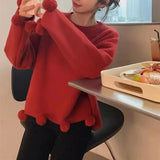 Zingj Year Red Gentle Wind Sweater Soft Waxy Department Round Collar Tassel Wool Ball Ball Solid Color Sweater Women Autumn Winter New Style-Outfit
