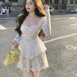 Sweet Lace Fairy Dress Women Sexy Slim Korean Party Vintage Dress 2022 Elegant Princess Long Sleeve Ruffles Retro