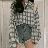 Checkered Puff Sleeve Button BlouseOutfit
