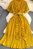 Women Pleated Midi Dress Purple/Red/White Stand Collar Short Flare Sleeve High Waist A-Line Ruffle Party Vestidos