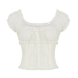 Small Fragrant Pure Girl Bubble Sleeve Strapped With Wood Ear Age Reduction Netcloak Umbilly Short-Sleeved