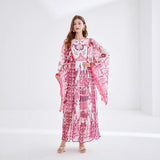 Court Style Temperament Round Collar Horn Long Sleeves Loose Celadon Print A-Word Dress Seaside Holiday