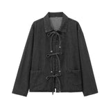 Women's Spring New Collar Bows Decorated With Long-Sleeved Pocket Wash Denim Shirt Pocket