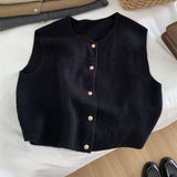Line Single Row Small Gold Button Round Collar Knitted Vest Cardigan Woman Sleeveless Shoulder Vest