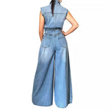 Zingj Women's New Casual Wash Sleeveless Jeans Joined Wide-Leg