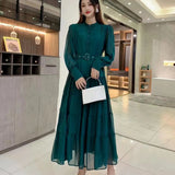 New V-Neck Single-Drenchee Chiffon French Retro Dress Thin A-Character Long Dress Women's Bubble