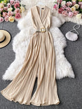 Notched Collar Draped Rompers For Women Casual Sleeveless High Waist Wide Leg Playsuits Female Beige/Green Jumpsuit