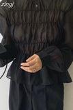 Spring Blusa O-Neck Puff Long Sleeve Blouse Korean Ins Solid Pleated Design Perspective Summer Shirt Fashion Clothing