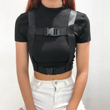 Streetwear Bodycon Cropped T Shirt Women Short Sleeve Buckle Patchwork Crop Top Fashion Summer Tshirt Slim Tee