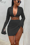 Autumn Casual Women Two Piece Skirts Sets Long Lantern Sleeve Lace Up Tops+Side Slit Mini Skirts Office Lady