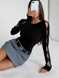 Women's Casual Long-Sleeved Round-Neck Solid-Colored Hollow