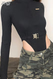 Streetwear Zipper Skinny Black Women Bodysuits Top Buckle Turtleneck Autumn Body Fashion Motorcycle One Piece