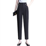 Women 2023 Spring Stretch Solid Suit Trousers Women Black Ankle-length High Waist Oversize Pants with Pocket Woman