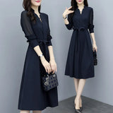 New Women's Spring Dress V-Neck Waist-Skinned Bottom Dress French Long-Sleeved Elegant Chiffon Dress