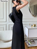 Elegant Midi Black Dress For Women Fashion Bodycon Office Lady Robe
