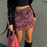 Tie-dye Mini Skirt Women Mesh Sexy Hight Waist Fashion Streetwear Women Red Ruffles Hem Summer Party Skirts
