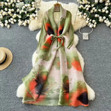Dress Women's Fashion Collared Belt Long Pressured Folding Printing
