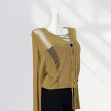 Zingj And After Two Wear Sand Dune Waste Wind Top Hole Long Sleeve T-Shirt Hollow See-Through Blouse Rope Tie Tie