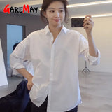2023 Women's Cotton Shirt Button Up Loose Long Sleeve Korean Fashion Turn-down Collar Casual White Oversize