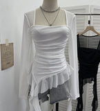 Shooting Collar Low-Breast Sexy Mesh Yarn Long-Sleeved Top Irregular Ribbon To Repair Hottie T-Shirt