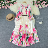 Zingj New Women's Dress Oversized Skirt Print Pleated Waist Lace Holiday