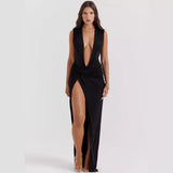 Zingj Girls Wear A New Women's Wear Sexy Deep V Slit Pleated Long Skirt Black Dress