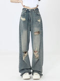 Zingj Wide Leg Broken Hole Jeans Female Spring And Autumn 2024 New Large Size Fat Mm Loose Show Thin Straight Tube Drag Floor