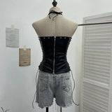 Babes Hollow Strapped Braped Pu Skin Top Female Tight Sexy Short Hanging Neck Vest